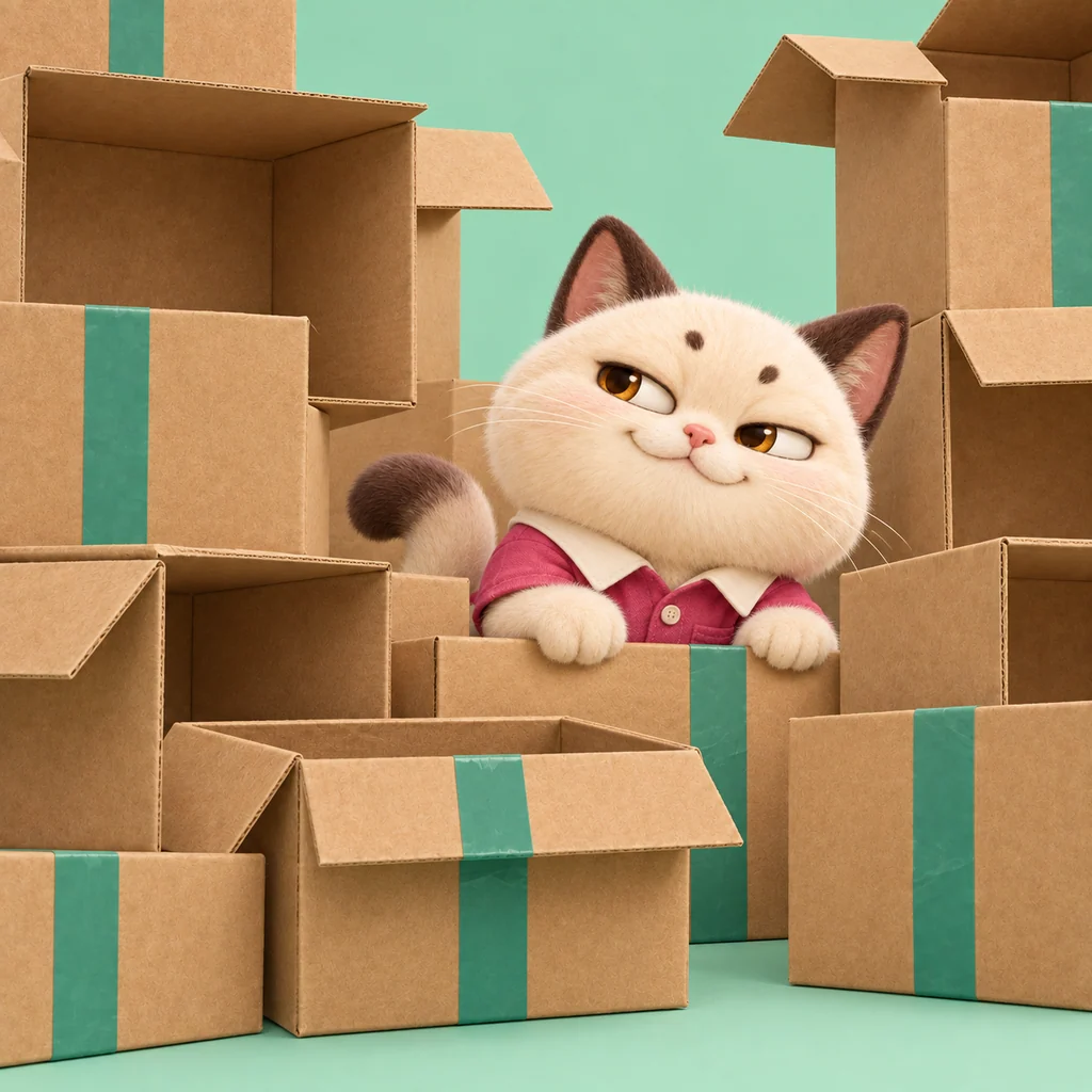 One cat peeking out from a stack of cardboard boxes.
