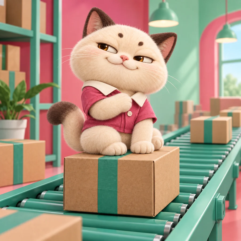 Cat riding a box on the dispatch conveyor.
